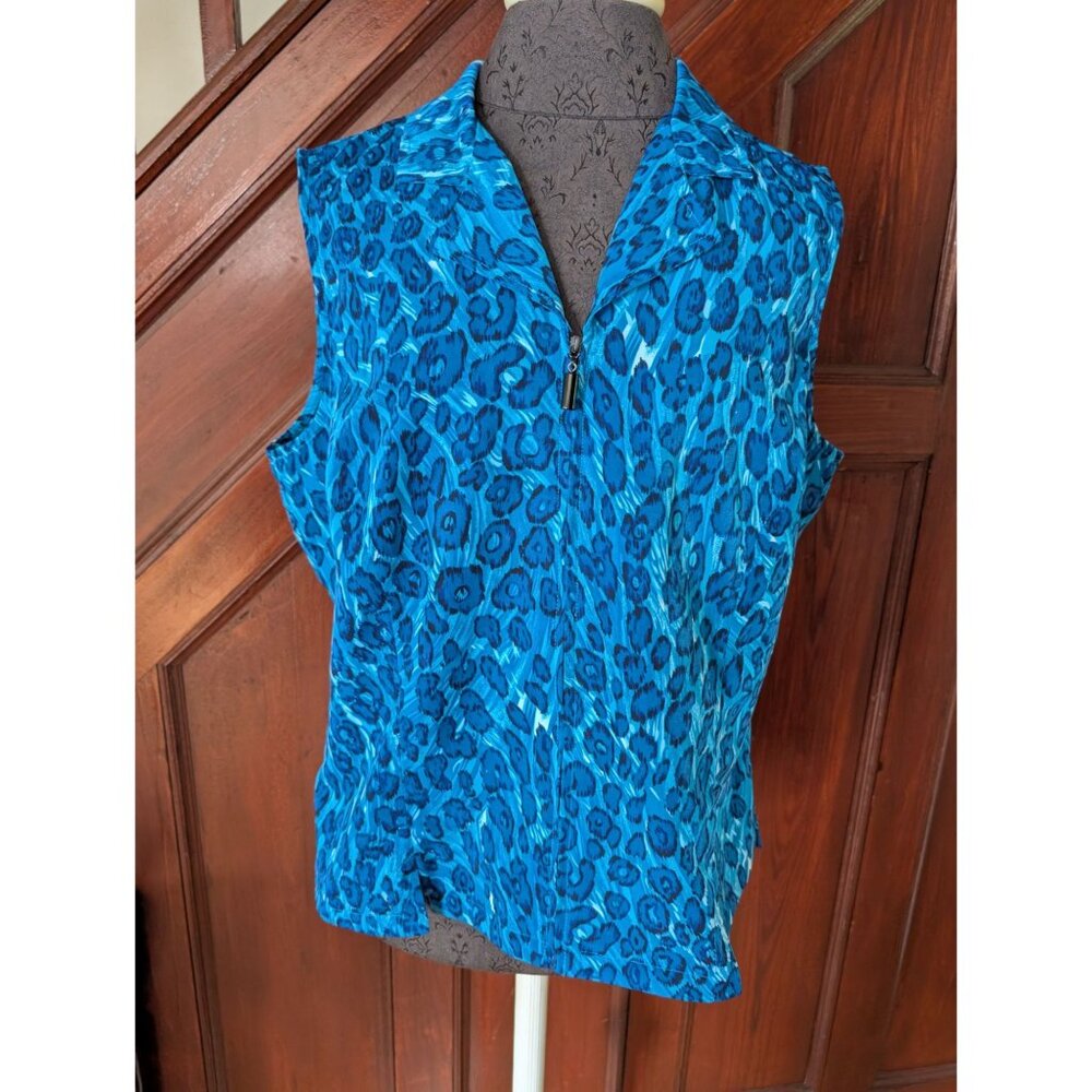 Sag Harbor Womens Blue Leopard Print Sleeveless Blouse Size 14 Zip Front